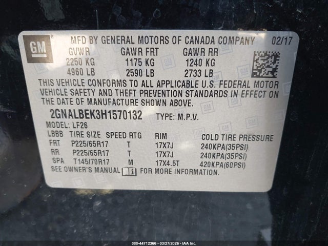 Aukcja sprzedaży 2017 Chevrolet Equinox Ls, vin: 2GNALBEK3H1570132, numer aukcji: 44712366