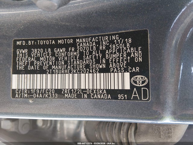 2019 TOYOTA COROLLA 2T1BURHE2KC202462 Photo 8