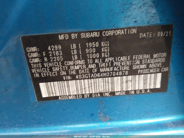 44712387 :رقم المزاد ، 4S3GTAD64N3704878 vin ، 2022 Subaru Impreza Premium 5-door مزاد بيع