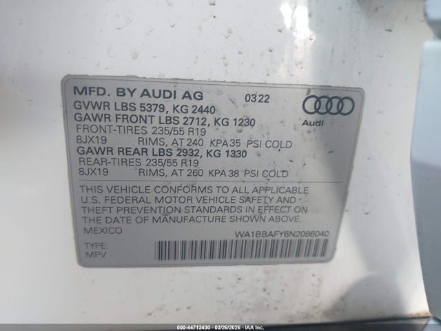 Продаж на аукціоні авто 2022 Audi Q5 Premium Plus 40 Tfsi Quattro S Tronic, vin: WA1BBAFY6N2086040, номер лоту: 44712430