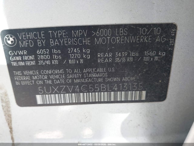 2011 Bmw X5 Xdrive35i/xdrive35i Premium/xdrive35i Sport Activity მანქანა იყიდება აუქციონზე, vin: 5UXZV4C55BL413135, აუქციონის ნომერი: 44712432