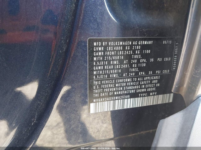 Продаж на аукціоні авто 2013 Volkswagen Tiguan S, vin: WVGAV3AX9DW625305, номер лоту: 44712445