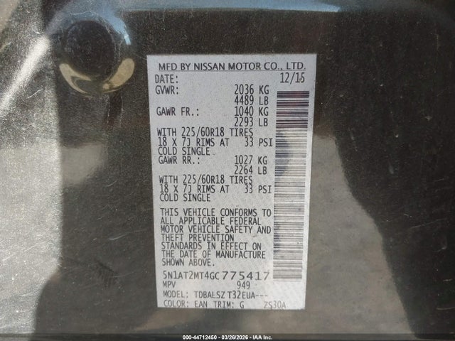2016 Nissan Rogue Sl მანქანა იყიდება აუქციონზე, vin: 5N1AT2MT4GC775417, აუქციონის ნომერი: 44712450