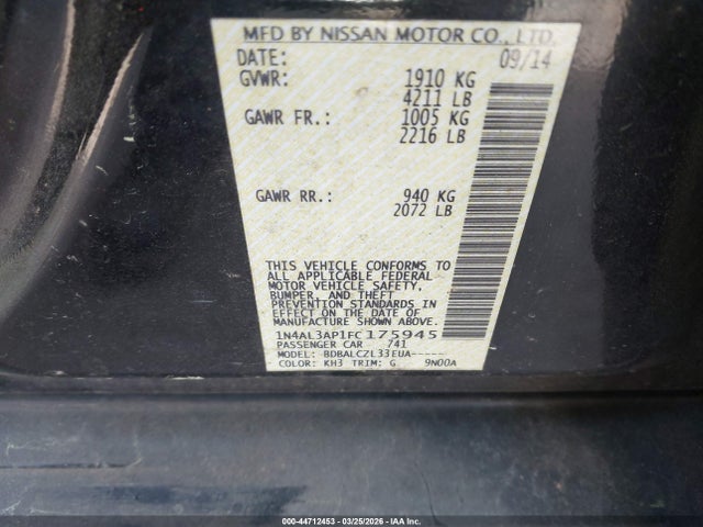 44712453 :رقم المزاد ، 1N4AL3AP1FC175945 vin ، 2015 Nissan Altima 2.5/2.5 S/2.5 Sl/2.5 Sv مزاد بيع