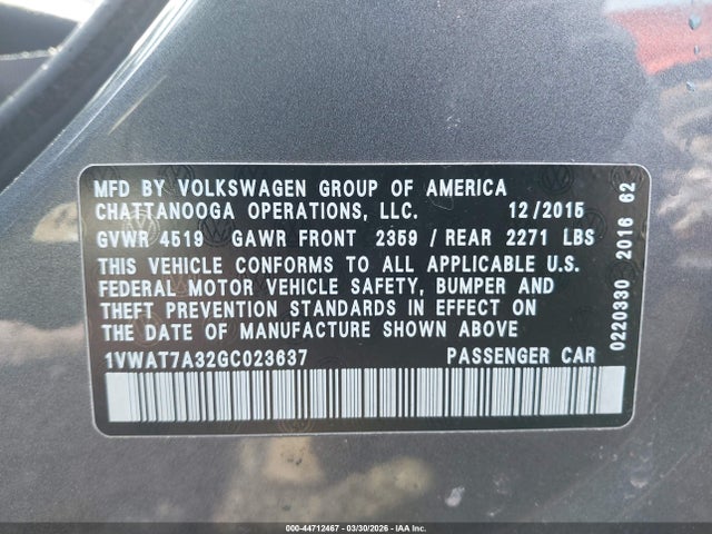 Aukcja sprzedaży 2016 Volkswagen Passat 1.8t S, vin: 1VWAT7A32GC023637, numer aukcji: 44712467
