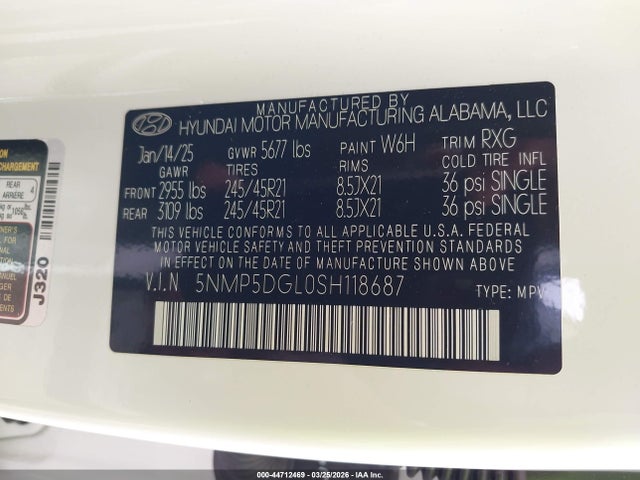 Aukcja sprzedaży 2025 Hyundai Santa Fe Calligraphy, vin: 5NMP5DGL0SH118687, numer aukcji: 44712469