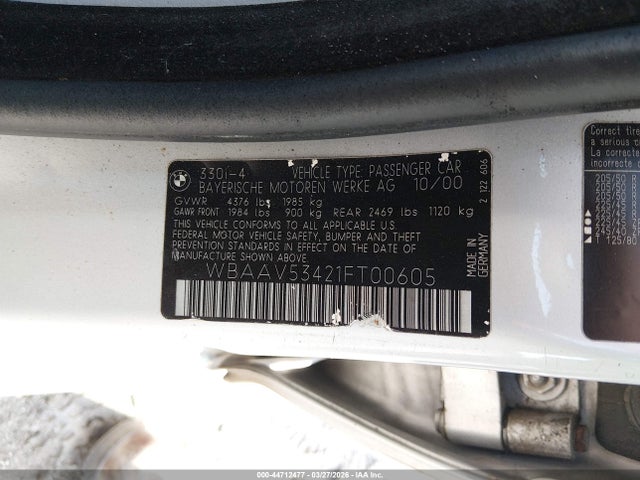 44712477 :رقم المزاد ، WBAAV53421FT00605 vin ، 2001 Bmw 330i مزاد بيع
