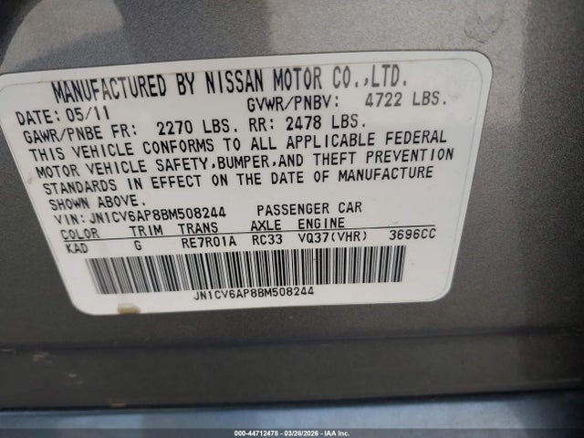 2011 Infiniti G37 Journey მანქანა იყიდება აუქციონზე, vin: JN1CV6AP8BM508244, აუქციონის ნომერი: 44712478