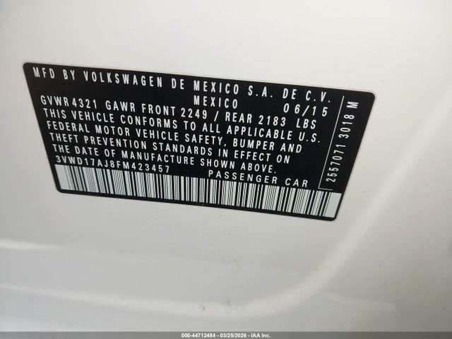Продажа на аукционе авто 2015 Volkswagen Jetta 1.8t Se, vin: 3VWD17AJ8FM423457, номер лота: 44712484