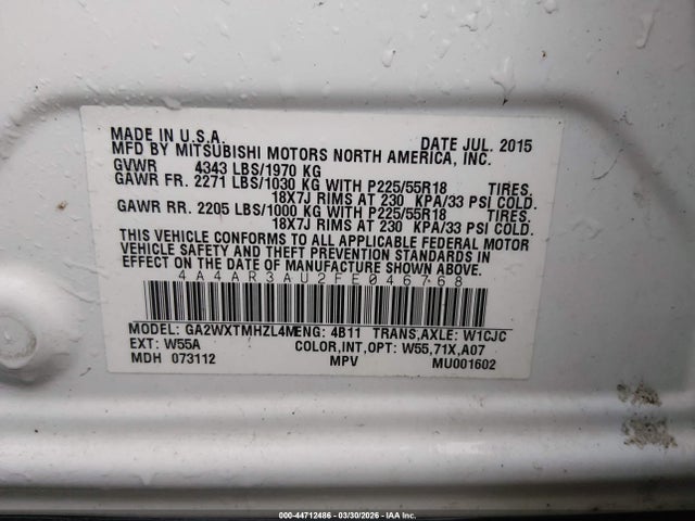 Продаж на аукціоні авто 2015 Mitsubishi Outlander Sport Es, vin: 4A4AR3AU2FE046768, номер лоту: 44712486