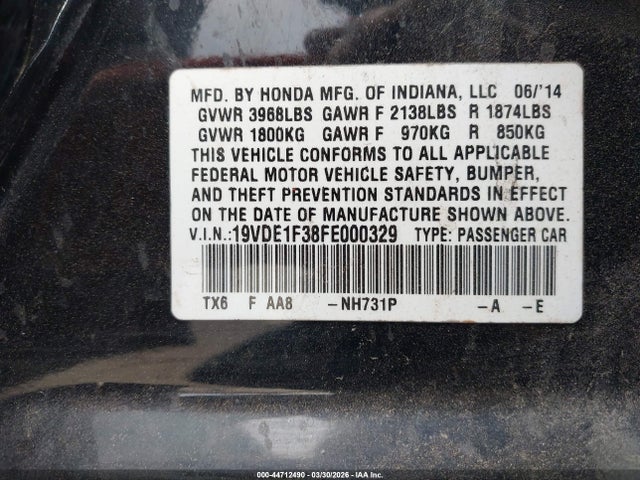 44712490 :رقم المزاد ، 19VDE1F38FE000329 vin ، 2015 Acura Ilx 2.0l مزاد بيع