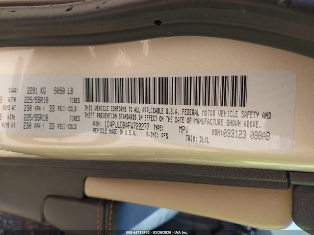 2015 Jeep Cherokee Limited მანქანა იყიდება აუქციონზე, vin: 1C4PJLDB4FW722277, აუქციონის ნომერი: 44712492