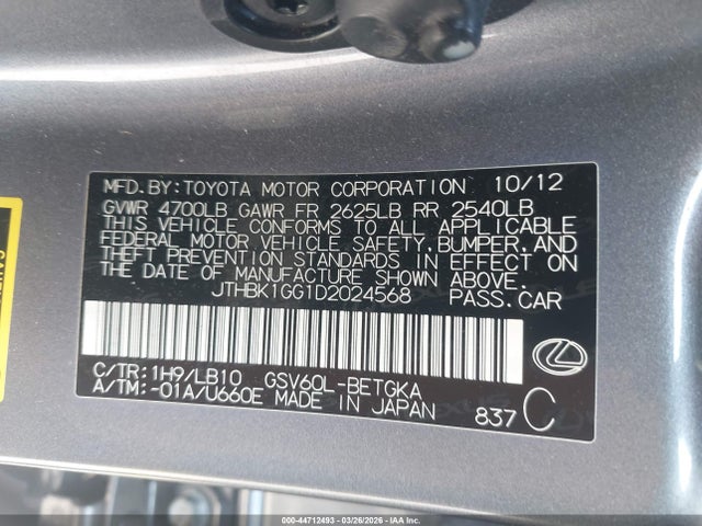 Aukcja sprzedaży 2013 Lexus Es 350, vin: JTHBK1GG1D2024568, numer aukcji: 44712493