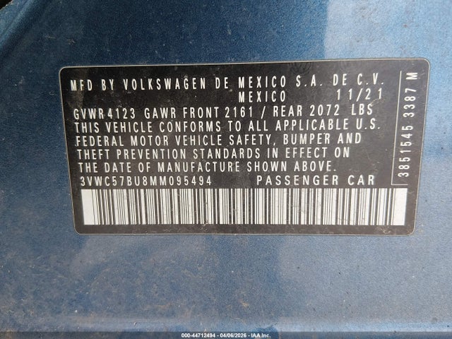 Продажа на аукционе авто 2021 Volkswagen Jetta 1.4t R-line/1.4t S/1.4t Se, vin: 3VWC57BU8MM095494, номер лота: 44712494