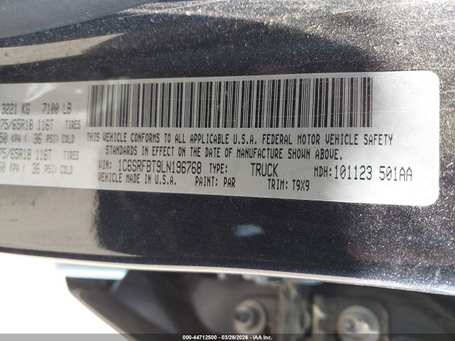 Продаж на аукціоні авто 2020 Ram 1500 Big Horn  4x4 6'4 Box, vin: 1C6SRFBT9LN196768, номер лоту: 44712500