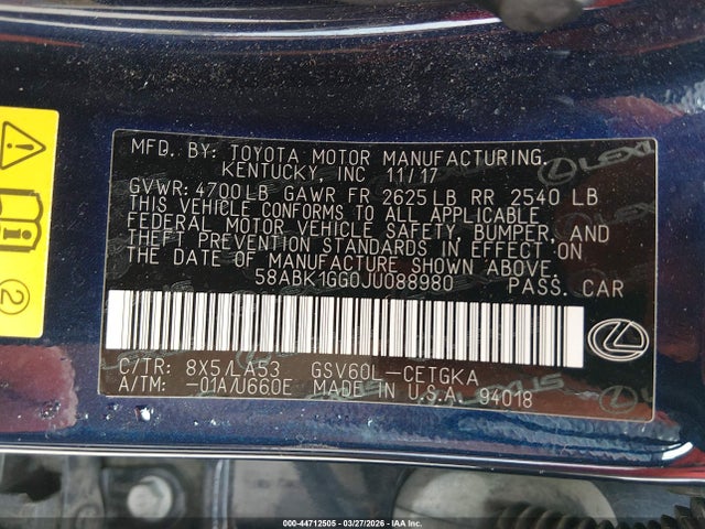 44712505 :رقم المزاد ، 58ABK1GG0JU088980 vin ، 2018 Lexus Es 350 مزاد بيع