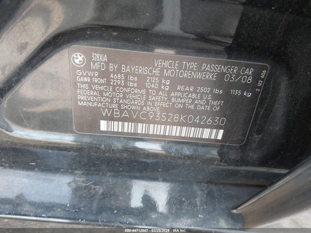 2008 Bmw 328xi მანქანა იყიდება აუქციონზე, vin: WBAVC93528K042630, აუქციონის ნომერი: 44712507