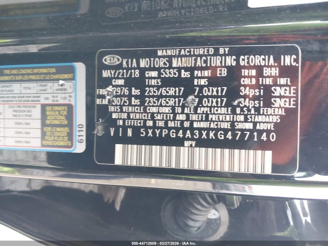 5XYPG4A3XKG477140 KIA Sorento 2.4l Lx