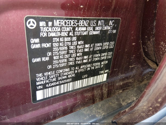 Aukcja sprzedaży 1999 Mercedes-benz Ml 320, vin: 4JGAB54E1XA054831, numer aukcji: 44712518