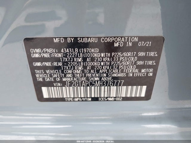 Aukcja sprzedaży 2021 Subaru Crosstrek Premium, vin: JF2GTAPC5MH376777, numer aukcji: 44712549