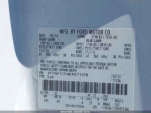 Ford F-150 Xl 2014 1FTNF1CF4EKE71378 Image 9
