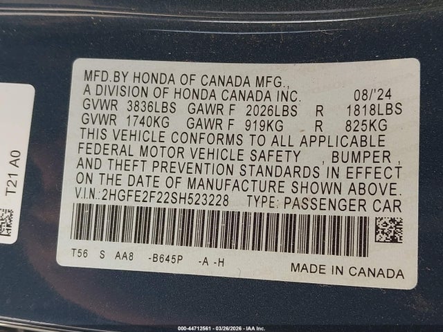Продаж на аукціоні авто 2025 Honda Civic Lx, vin: 2HGFE2F22SH523228, номер лоту: 44712561