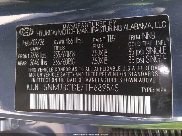 2026 Hyundai Tucson Sel მანქანა იყიდება აუქციონზე, vin: 5NMJBCDE7TH689545, აუქციონის ნომერი: 44712589