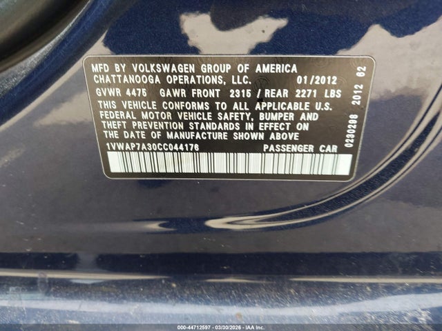 Продажа на аукционе авто 2012 Volkswagen Passat 2.5l S, vin: 1VWAP7A30CC044176, номер лота: 44712597