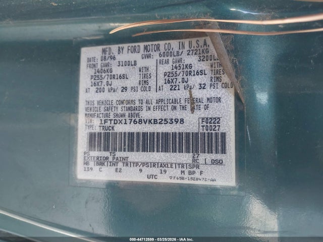 44712599 :رقم المزاد ، 1FTDX1768VKB25398 vin ، 1997 Ford F-150 Lariat/standard/xl/xlt مزاد بيع