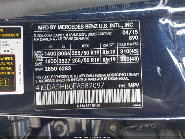 2015 Mercedes-benz Ml 350 4matic მანქანა იყიდება აუქციონზე, vin: 4JGDA5HB0FA582097, აუქციონის ნომერი: 44712616