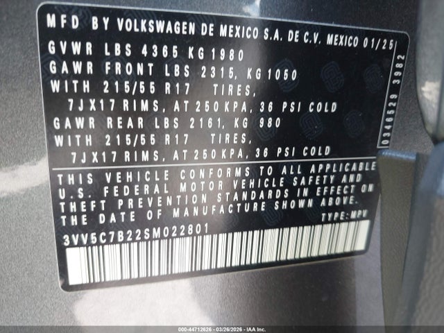 Продаж на аукціоні авто 2025 Volkswagen Taos 1.5t S, vin: 3VV5C7B22SM022801, номер лоту: 44712626