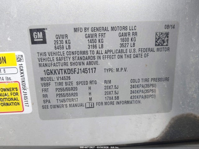 Aukcja sprzedaży 2015 Gmc Acadia Denali, vin: 1GKKVTKD5FJ145117, numer aukcji: 44712627