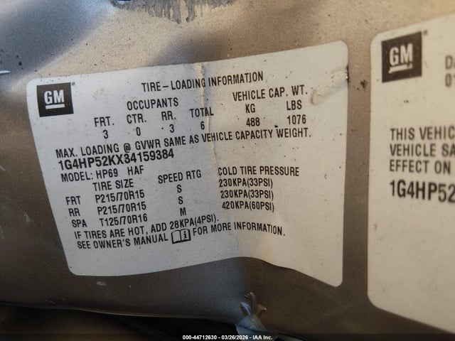 2003 Buick Lesabre Custom მანქანა იყიდება აუქციონზე, vin: 1G4HP52KX34159384, აუქციონის ნომერი: 44712630