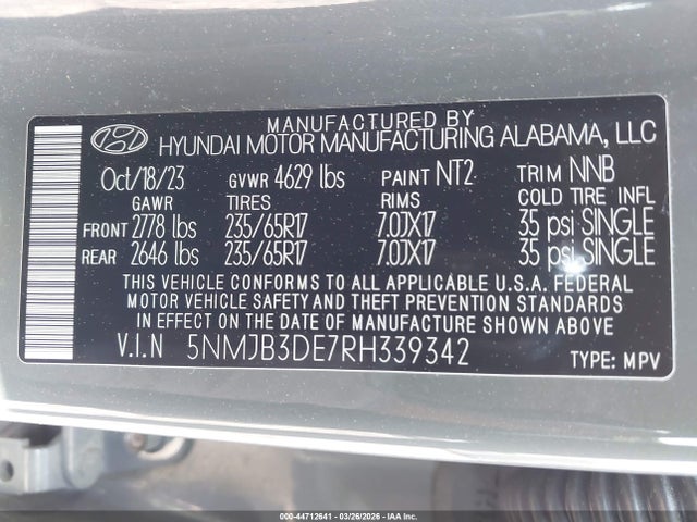 Продажа на аукционе авто 2024 Hyundai Tucson Sel, vin: 5NMJB3DE7RH339342, номер лота: 44712641