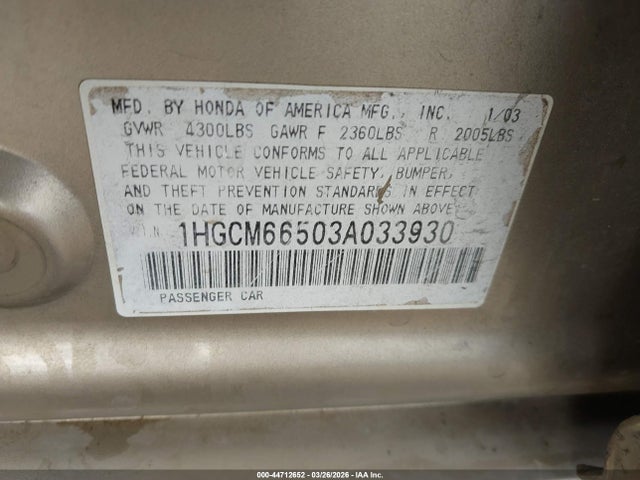 2003 Honda Accord 3.0 Ex მანქანა იყიდება აუქციონზე, vin: 1HGCM66503A033930, აუქციონის ნომერი: 44712652
