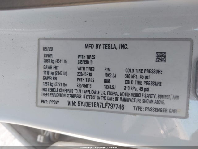 Aukcja sprzedaży 2020 Tesla Model 3 Standard Range Plus Rear-wheel Drive/standard Range Rear-wheel Drive, vin: 5YJ3E1EA7LF797746, numer aukcji: 44712655