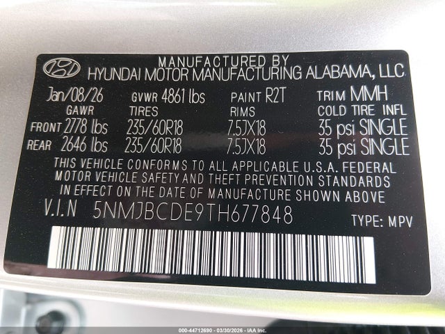 Продажа на аукционе авто 2026 Hyundai Tucson Sel, vin: 5NMJBCDE9TH677848, номер лота: 44712690