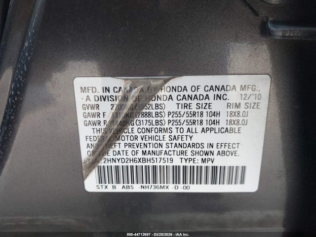 Aukcja sprzedaży 2011 Acura Mdx Technology Package, vin: 2HNYD2H6XBH517519, numer aukcji: 44712697