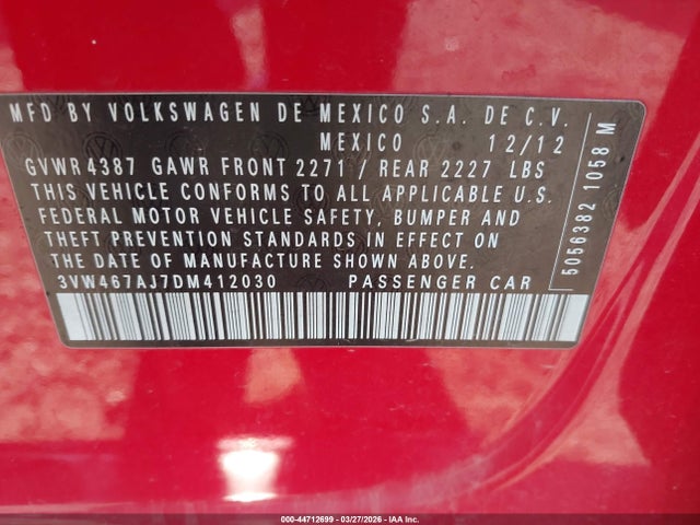 Продаж на аукціоні авто 2013 Volkswagen Jetta Gli Autobahn W/nav, vin: 3VW467AJ7DM412030, номер лоту: 44712699