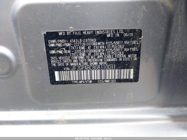 44712705 :رقم المزاد ، JF2GPABC8G8310031 vin ، 2016 Subaru Crosstrek 2.0i Premium مزاد بيع