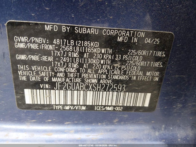 Продажа на аукционе авто 2025 Subaru Crosstrek, vin: JF2GUABCXSH272593, номер лота: 44712740
