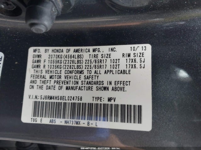 44712750 :رقم المزاد ، 5J6RM4H58EL024758 vin ، 2014 Honda Cr-v Ex مزاد بيع