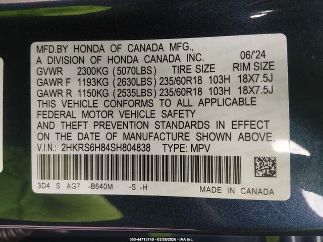 2025 Honda Cr-v Hybrid Sport-l მანქანა იყიდება აუქციონზე, vin: 2HKRS6H84SH804838, აუქციონის ნომერი: 44712749