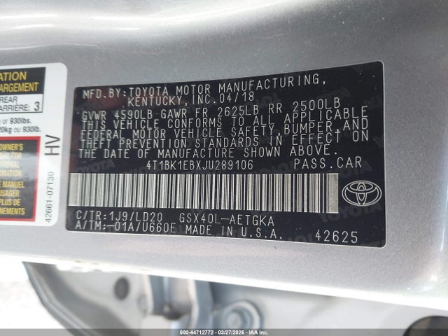 4T1BK1EBXJU289106 Toyota AVALON XLE
