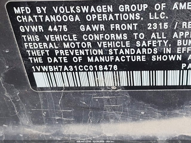 2012 Volkswagen Passat 2.5l Se მანქანა იყიდება აუქციონზე, vin: 1VWBH7A31CC018476, აუქციონის ნომერი: 44712785