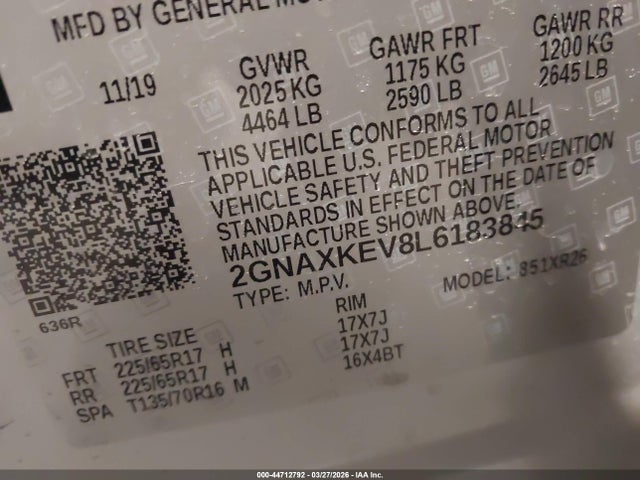 Aukcja sprzedaży 2020 Chevrolet Equinox Fwd Lt 1.5l Turbo, vin: 2GNAXKEV8L6183845, numer aukcji: 44712792