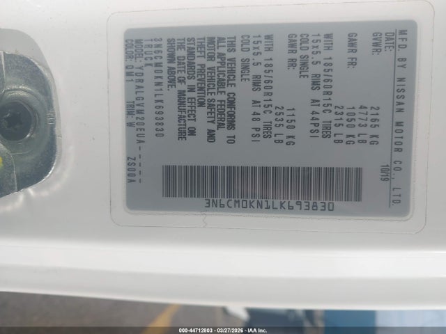 Aukcja sprzedaży 2020 Nissan Nv200  Cargo Sv Xtronic Cvt, vin: 3N6CM0KN1LK693830, numer aukcji: 44712803