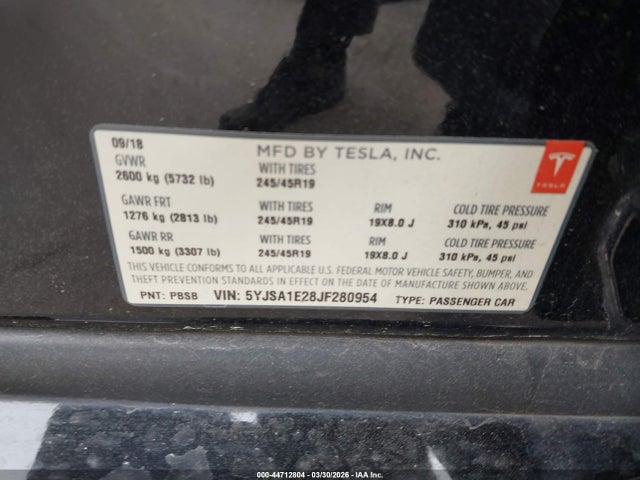 2018 Tesla Model S 100d/75d/p100d მანქანა იყიდება აუქციონზე, vin: 5YJSA1E28JF280954, აუქციონის ნომერი: 44712804