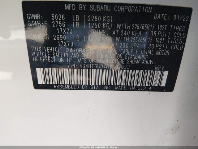Aukcja sprzedaży 2022 Subaru Outback Wilderness, vin: 4S4BTGUD4N3192093, numer aukcji: 44712807