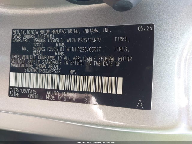 Aukcja sprzedaży 2025 Toyota Sienna Xle, vin: 5TDYRKEC4SS262532, numer aukcji: 44712808